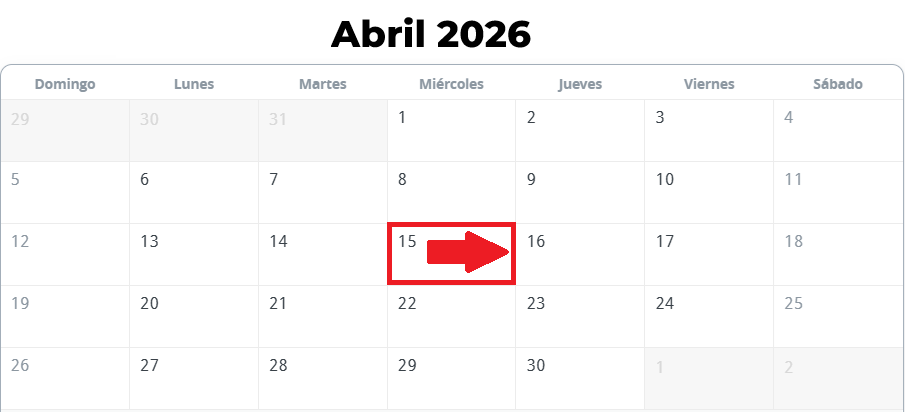 Calendario a partir del Miercoles 15 de Abril
