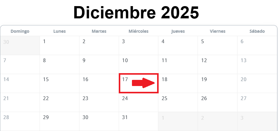 Calendario a partir del Miercoles 17 de Diciembre