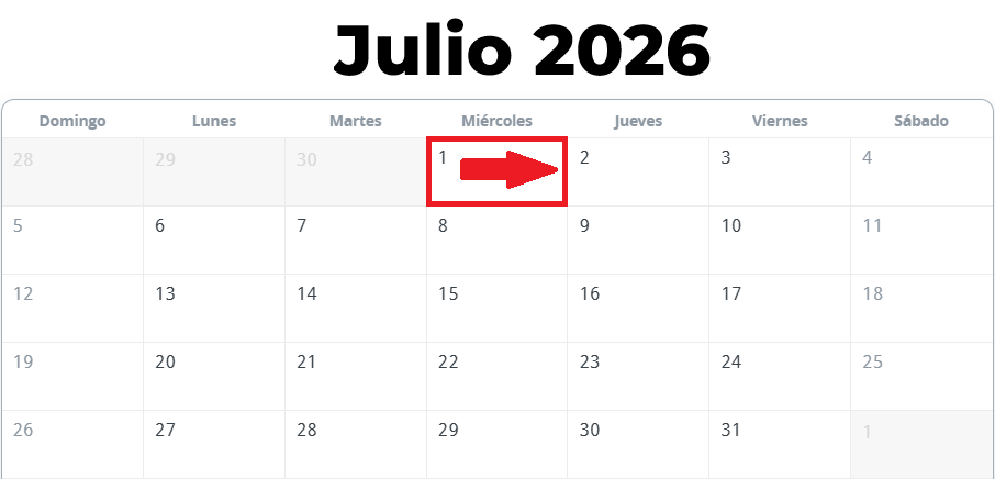 Calendario a partir del Miercoles 01 de Julio