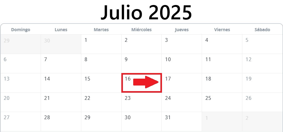 Calendario a partir del Miércoles 16 de Julio