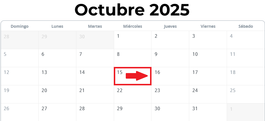 Calendario a partir del Miercoles 15 de Octubre