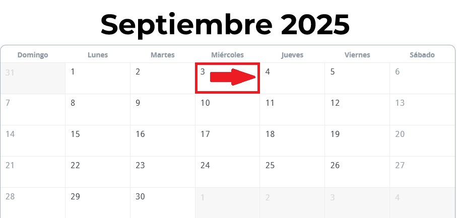 Calendario a partir del Miércoles 03 de Septiembre