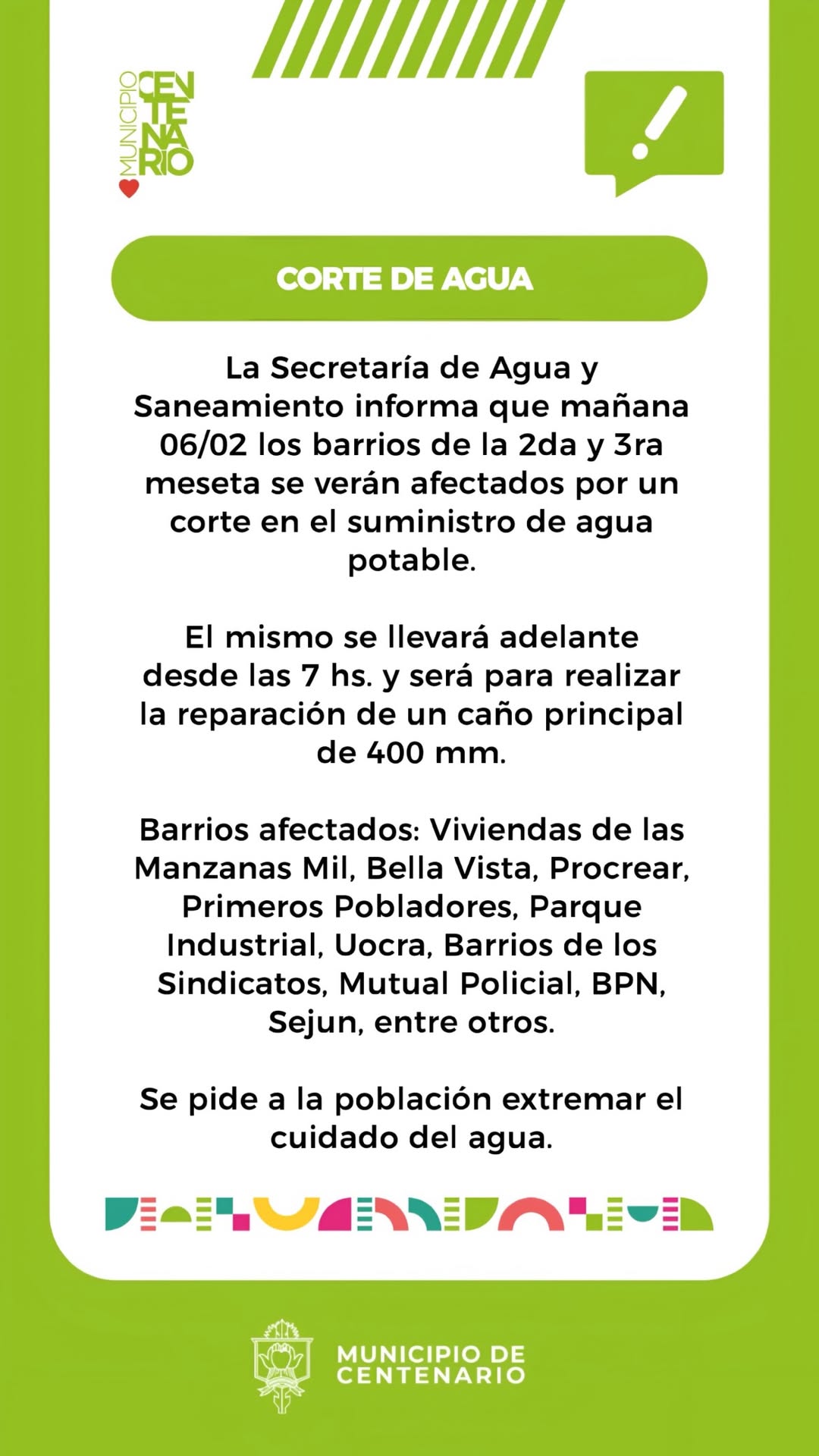 Imagen de CORTE DE AGUA PARA LA REPARACIÓN DE UN CAÑO PRINCIPAL