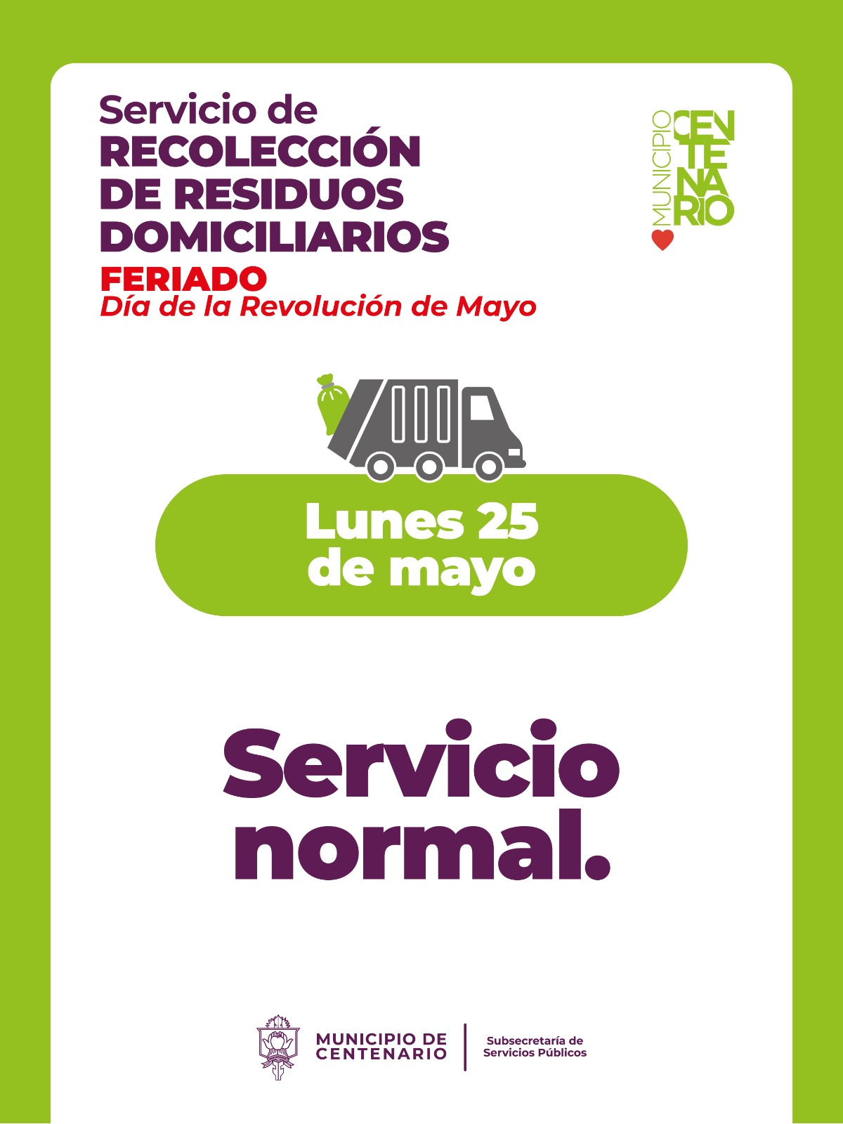 Imagen de EL SERVICIO DE RECOLECCIÓN DE RESIDUOS FUNCIONARÁ CON NORMALIDAD EL 25 DE MAYO