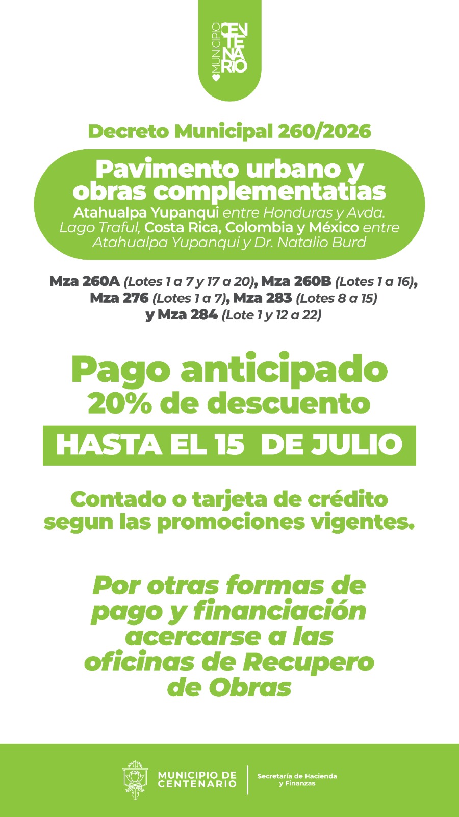 Imagen de BENEFICIOS POR PAGO ANTICIPADO HASTA EL 15 DE JULIO PARA PAVIMENTO Y OBRAS COMPLEMENTARIAS 