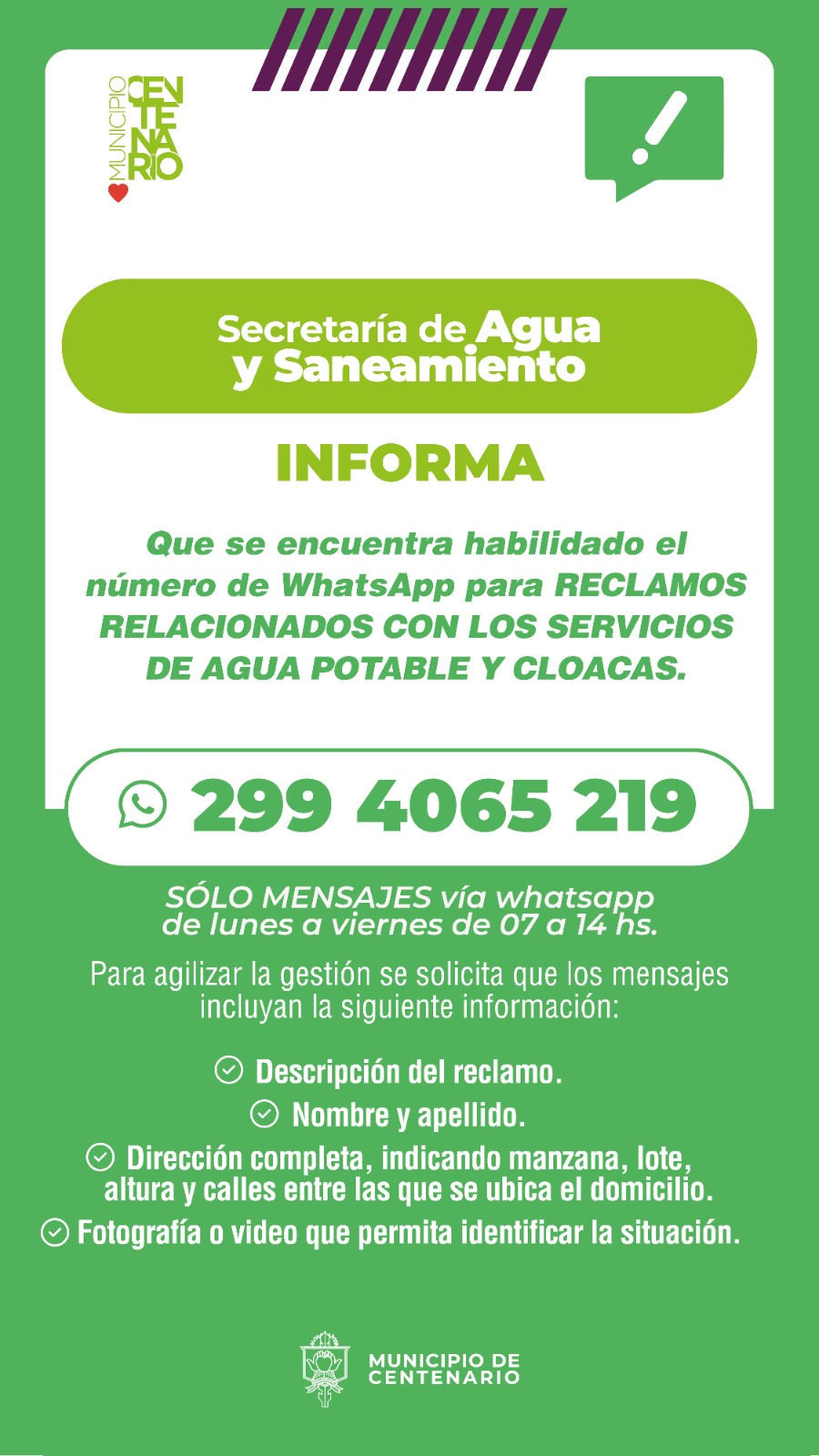 Imagen de AGUA Y SANEAMIENTO: EL MUNICIPIO HABILITÓ UNA LÍNEA DE WHATSAPP PARA RECLAMOS DE AGUA Y CLOACAS