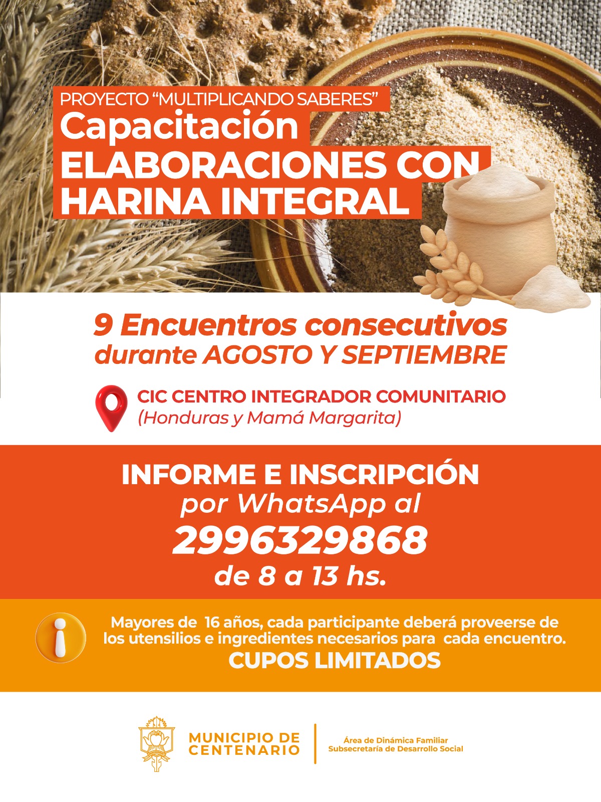 Imagen de ESTE JUEVES DESARROLLO SOCIAL ABRE LA INSCRIPCIÓN A UNA CAPACITACIÓN EN ELABORACIÓN CON HARINA INTEGRAL