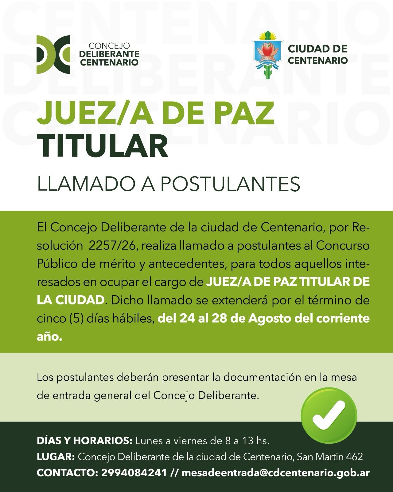 Imagen de SE ENCUENTRA ABIERTA LA CONVOCATORIA PARA CUBRIR EL CARGO DE JUEZ DE PAZ TITULAR EN CENTENARIO