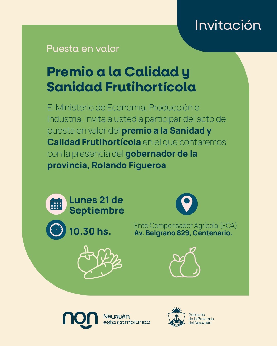 Imagen de CENTENARIO SERÁ SEDE DEL ACTO DE PUESTA EN VALOR DEL PREMIO A LA CALIDAD Y SANIDAD FRUTIHORTÍCOLA